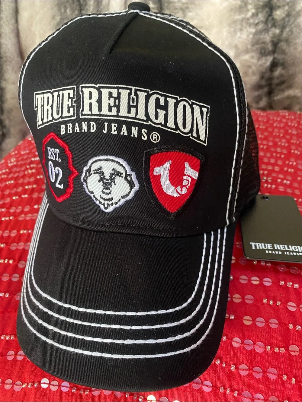True Religion Black Embroidered Patch Logo Adjustable Hat NWT